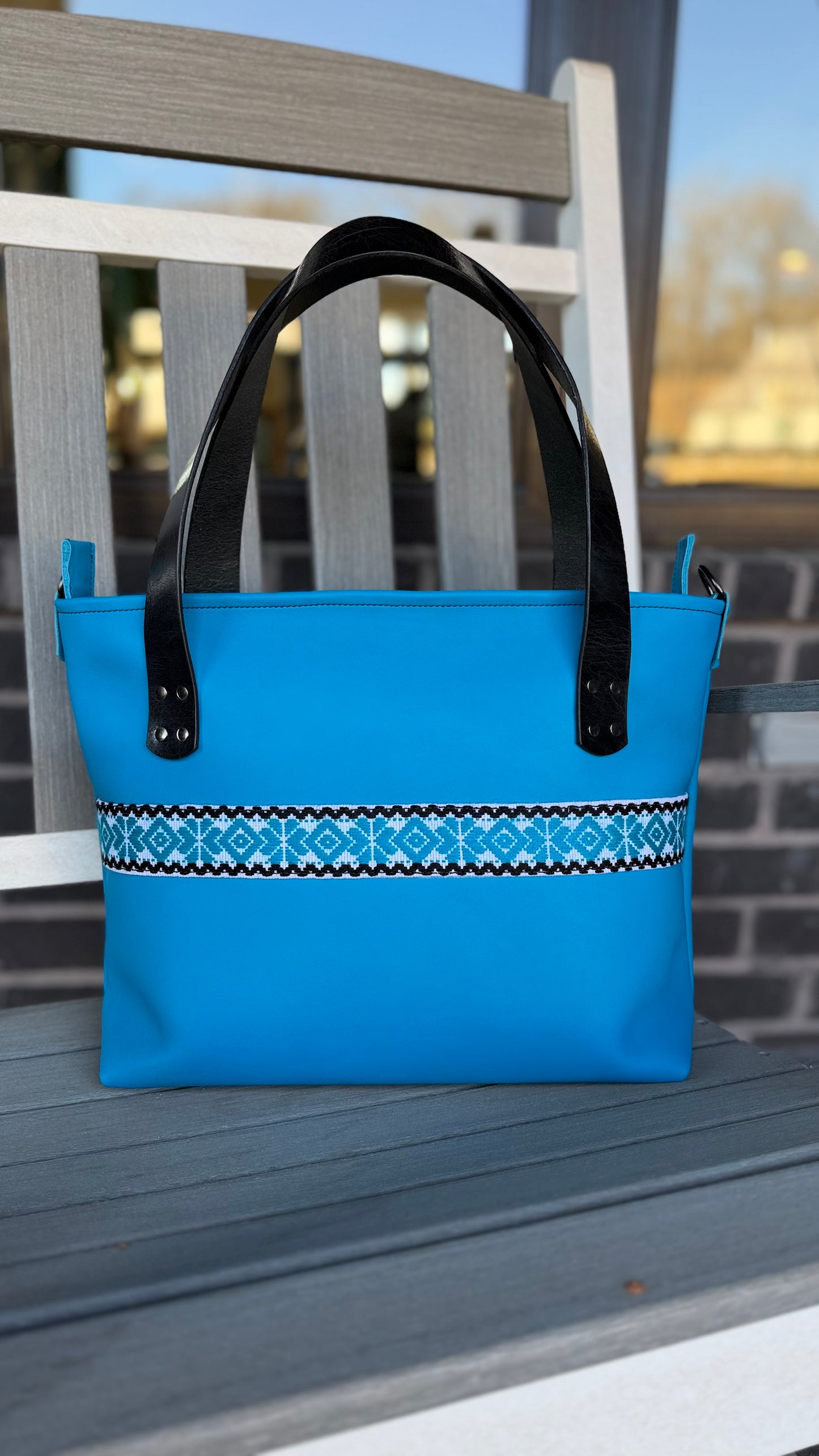 Frida Blue Large Leather Tote W/ Hand Embroidered Band