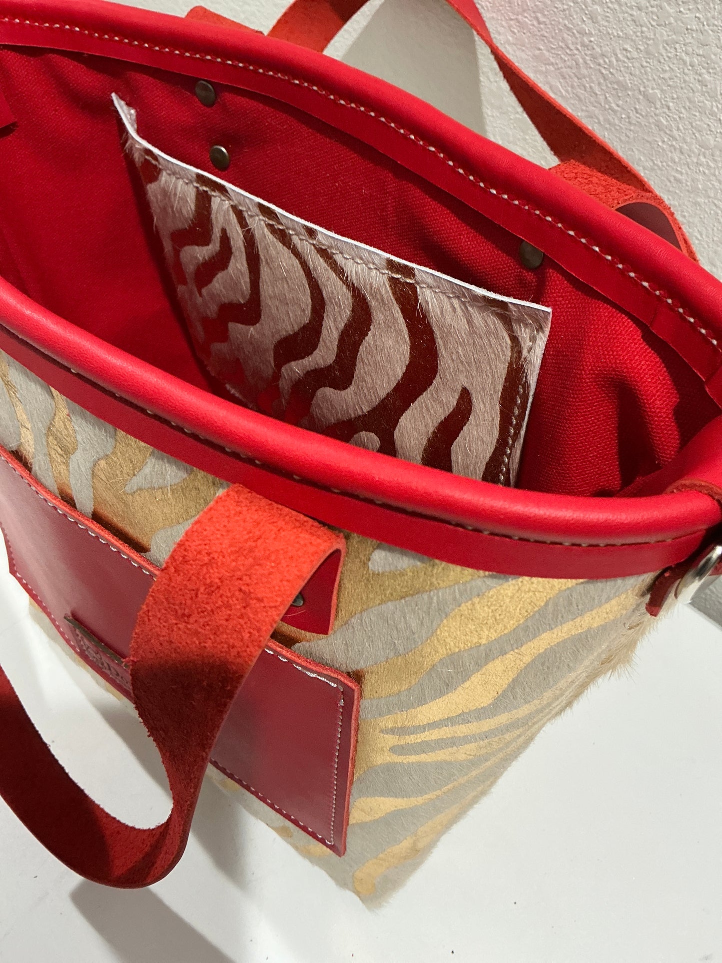 Small Leather Tote Bag - Red/White/Gold