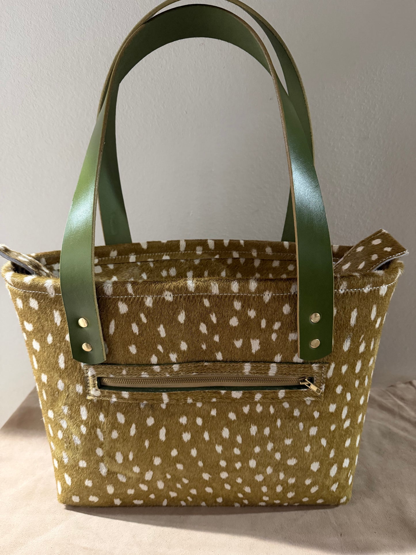 Green and White Medium Leather Tote