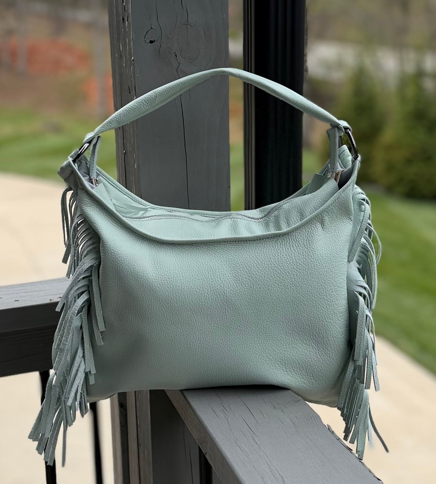 Fringe Leather BOHO Bag Blue Zephyr