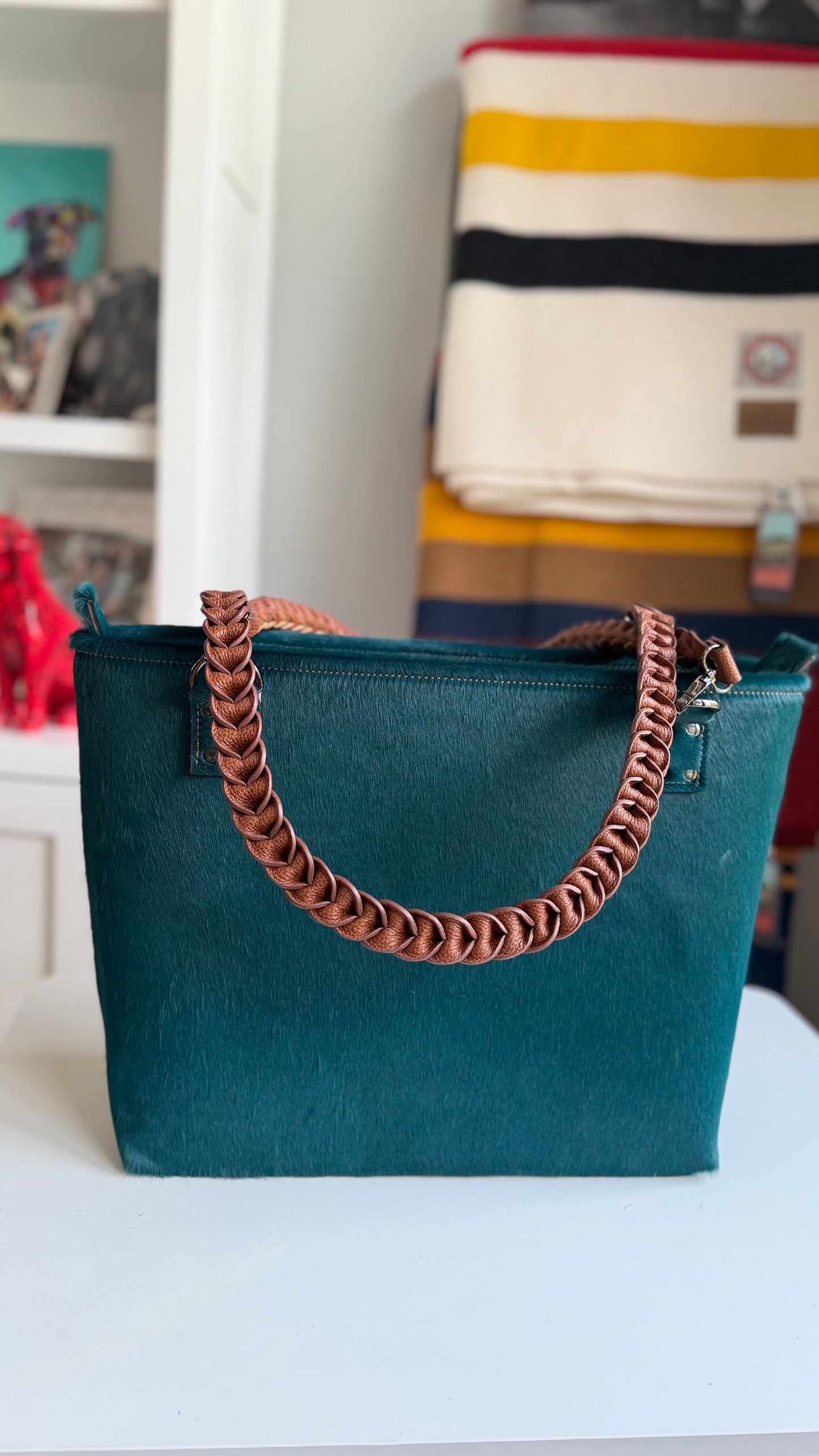 Turquoise Hair On Large Leather Bag with Braided Leather Handles