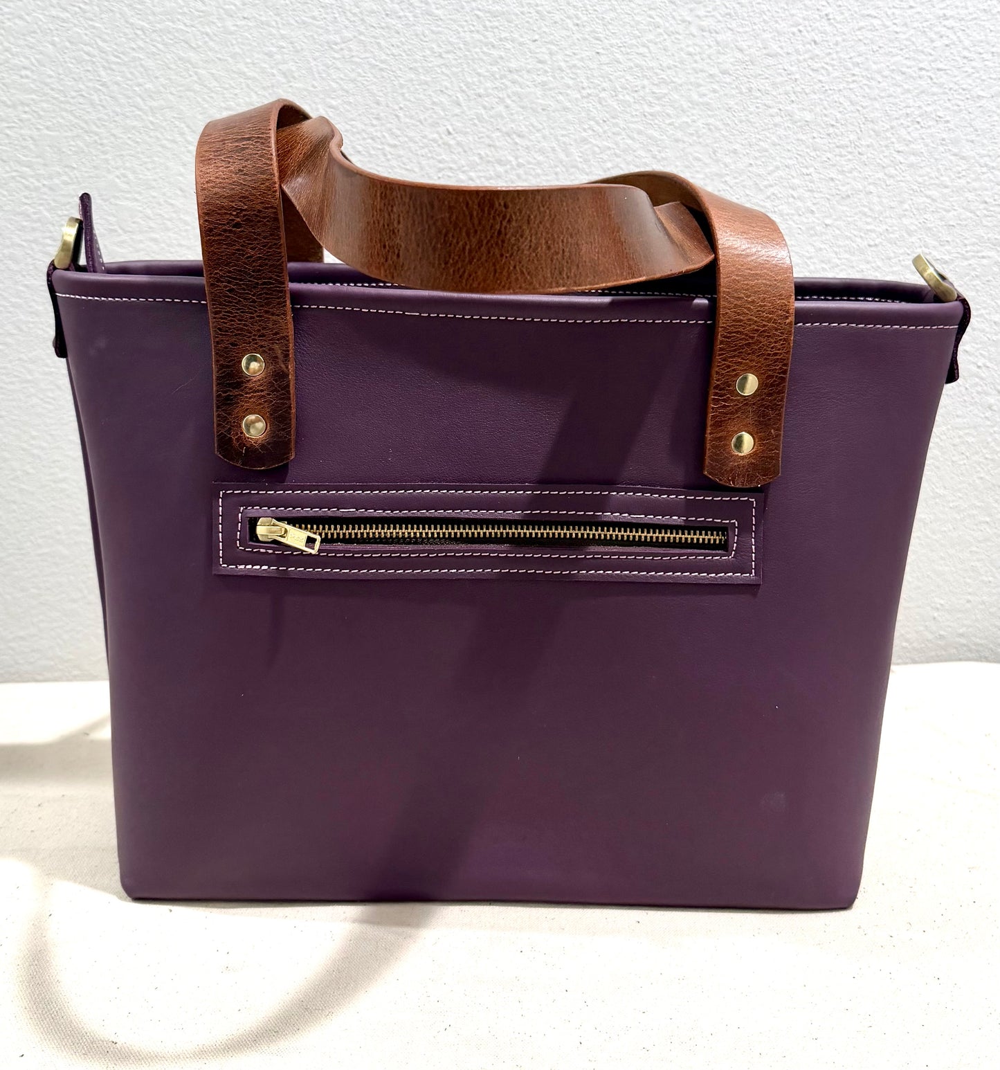 Pink Quilt Star on Eggplant Leather Medium Bag