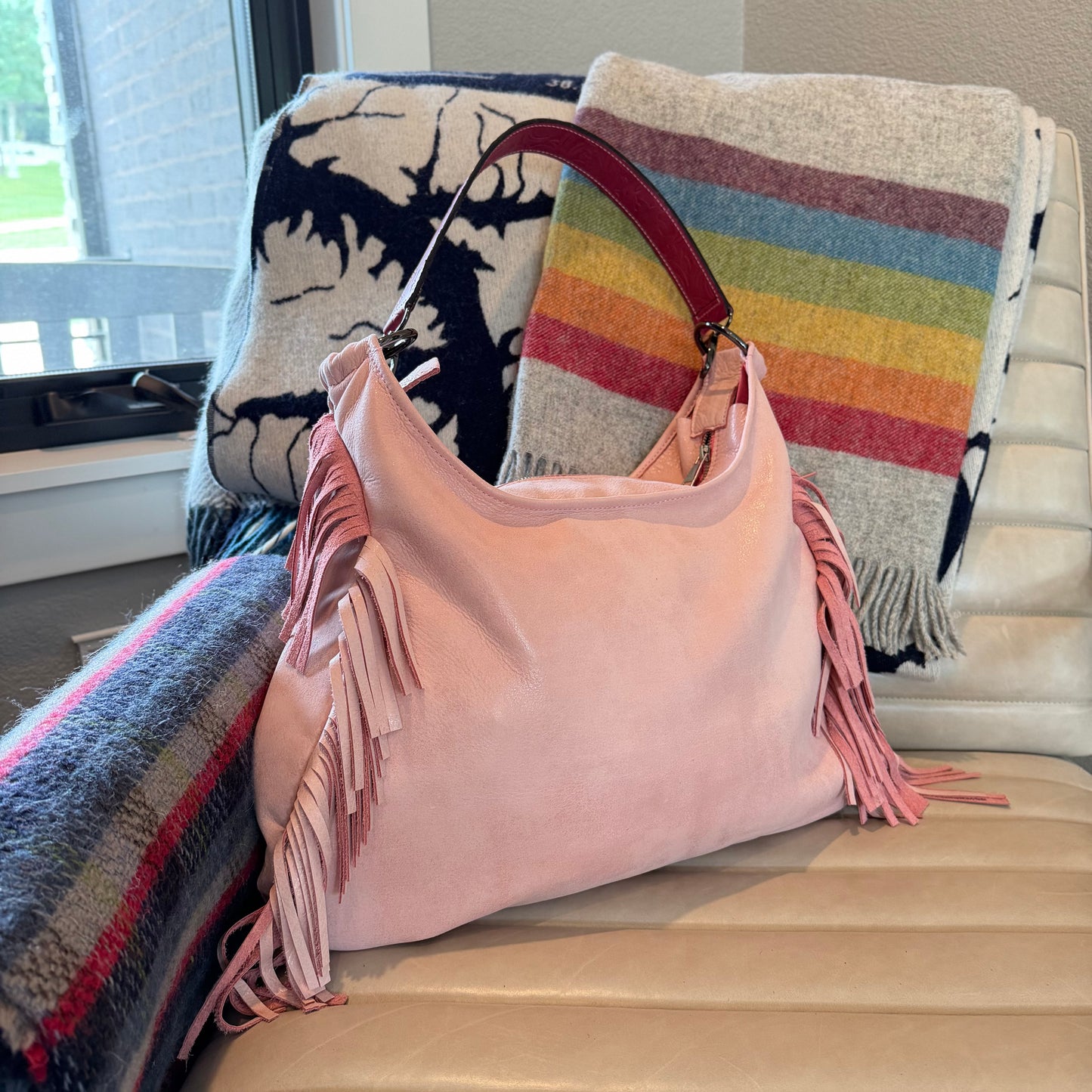 Fringe Leather BOHO Bag Pink