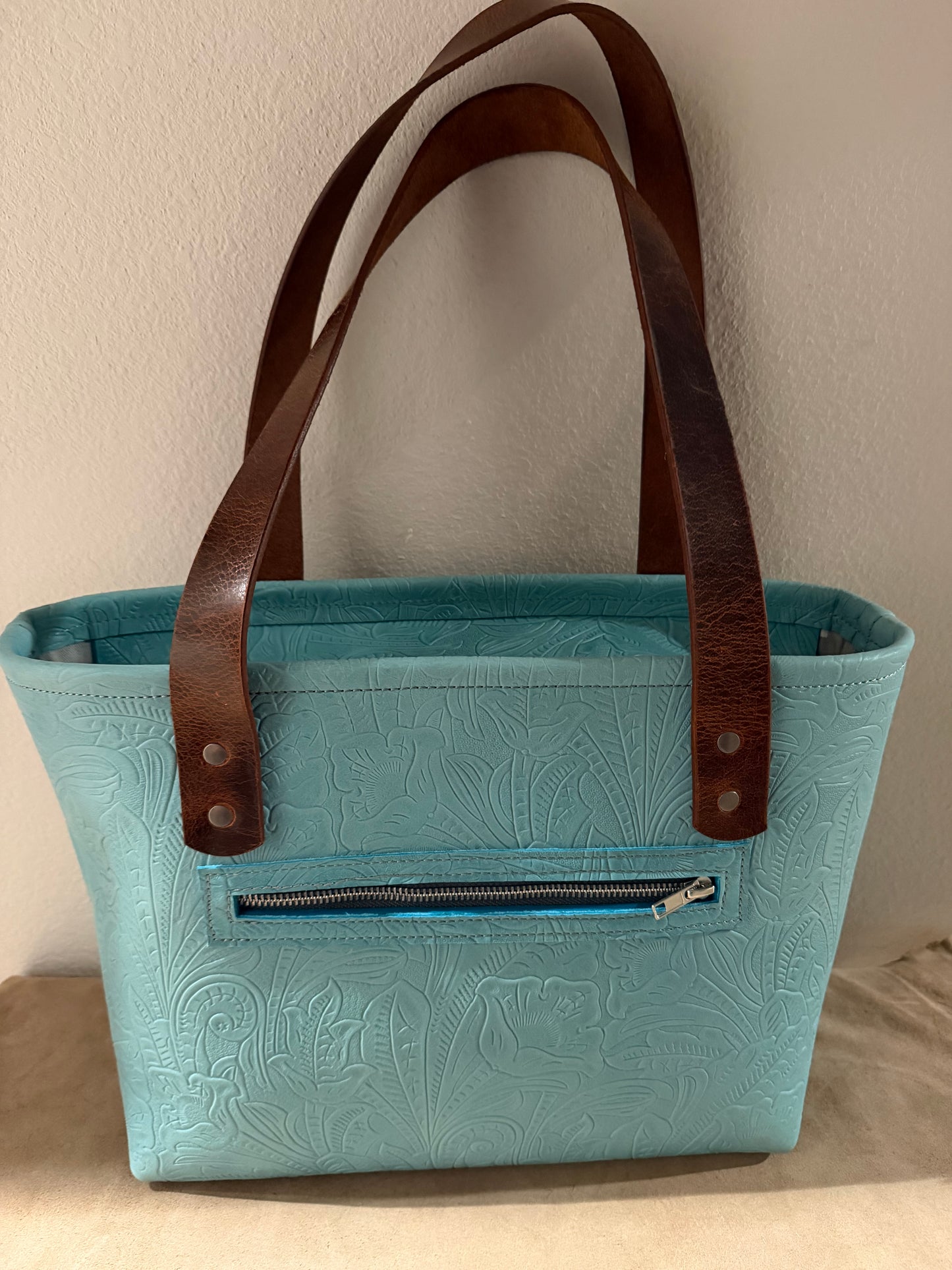 Teal Embossed Medium Leather Tote