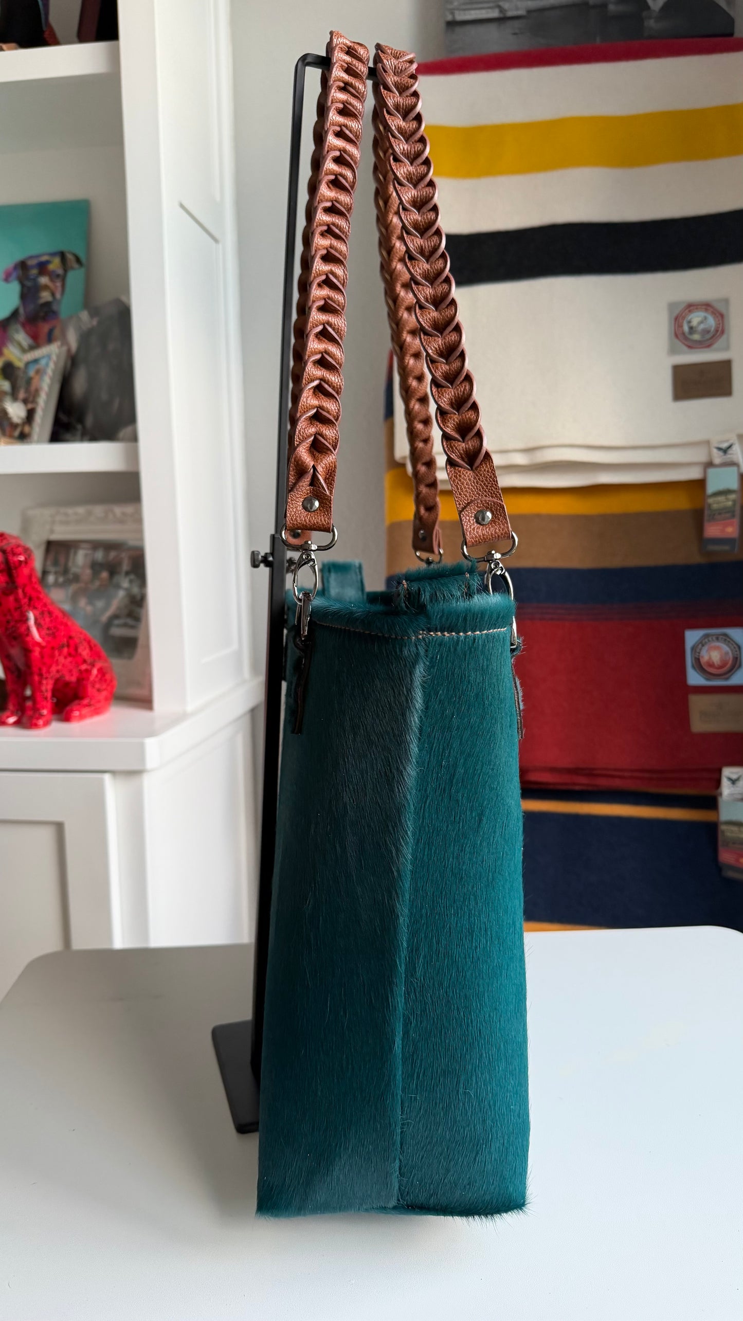 Turquoise Hair On Large Leather Bag with Braided Leather Handles