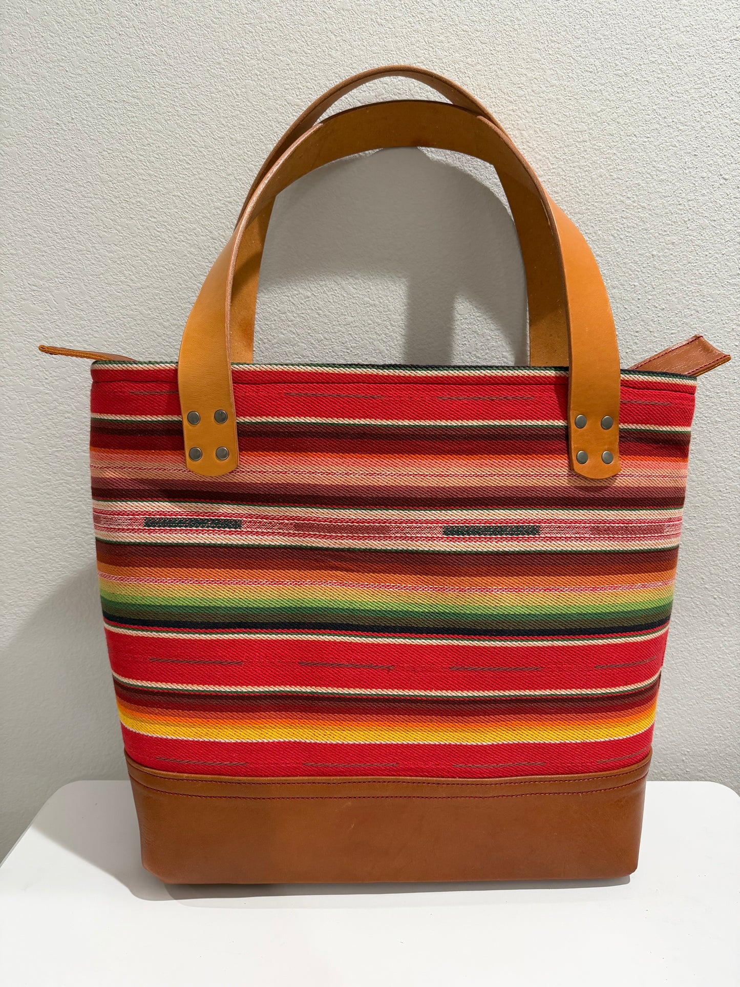 Leather and Southwestern Woven Fabric Tote - Brown/Red