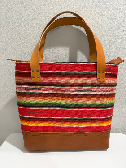 Leather and Southwestern Woven Fabric Tote - Brown/Red