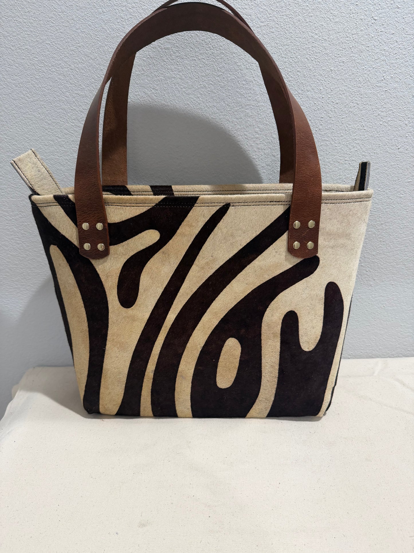 Rustic Zebra Print Cowhide Large Leather Tote Bag