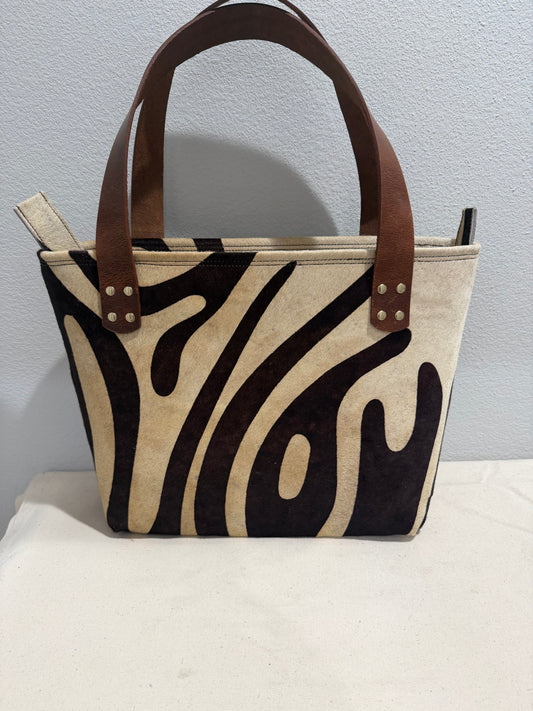 Rustic Zebra Print Cowhide Large Leather Tote Bag