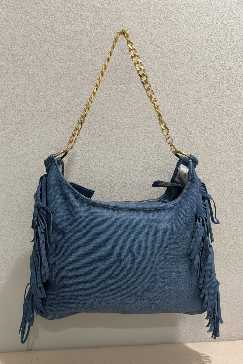 Fringe BOHO Bag Blue Jean Leather