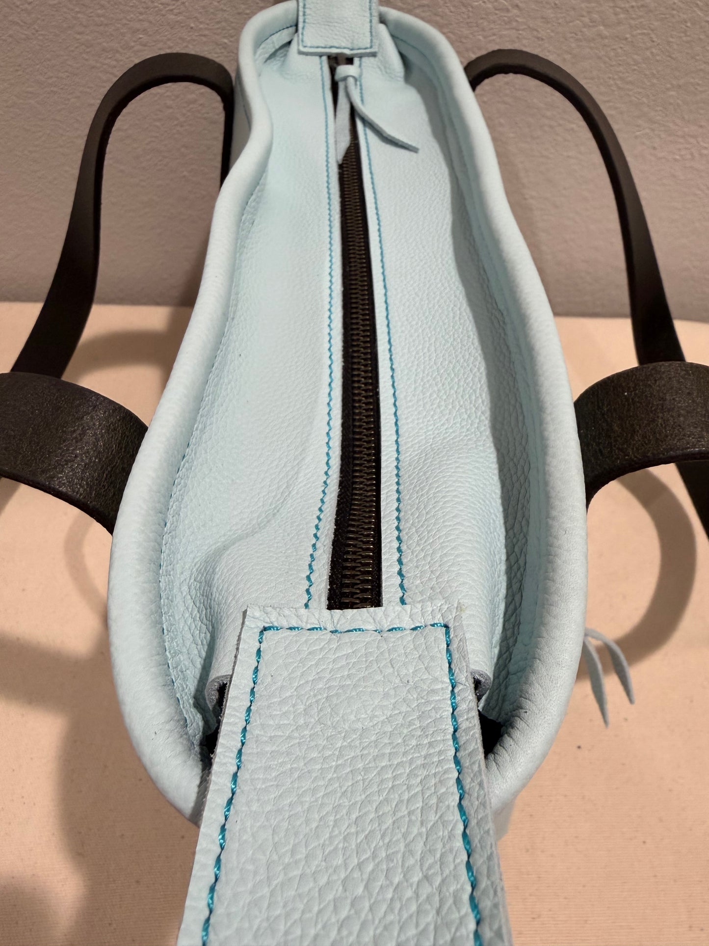 Zephyr Blue Small Leather Tote W/ Hand Embroidered Band