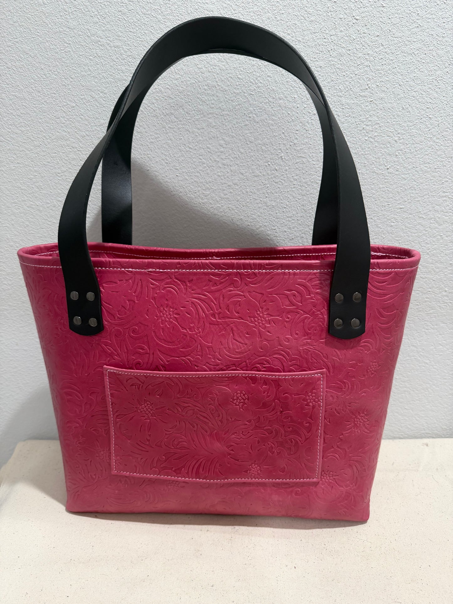 Blush Pink Floral Embossed Large Leather Tote Bag