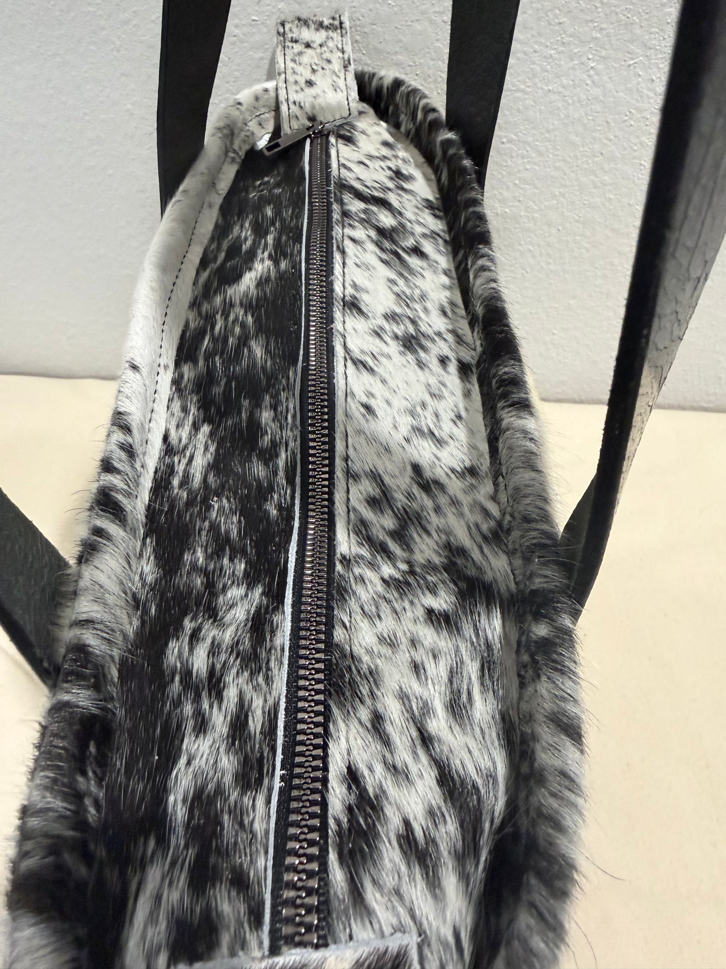 Medium Leather Tote Bag - Black/White Cowhide 1