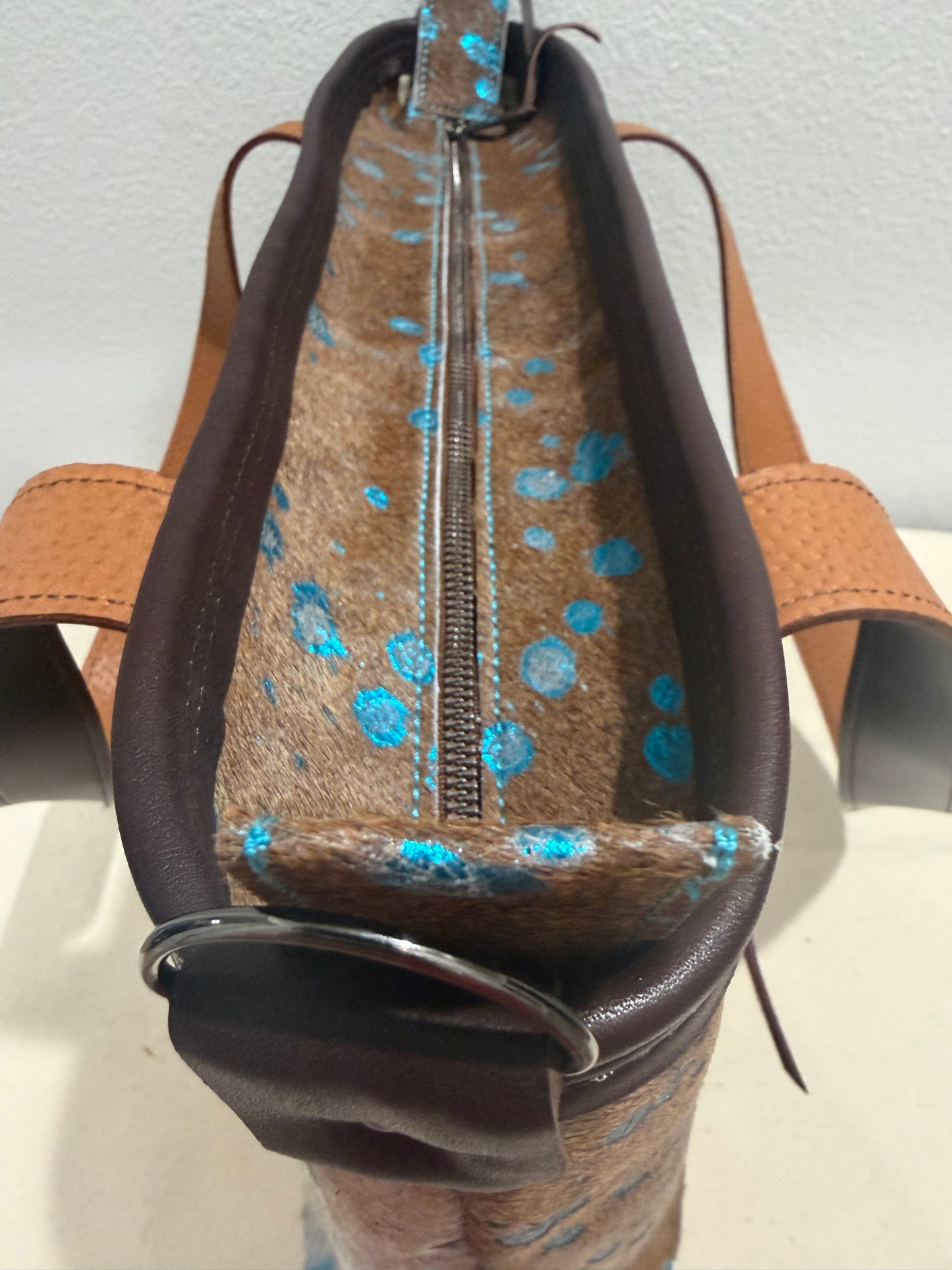 Brown/Metallic Teal Large Leather Tote