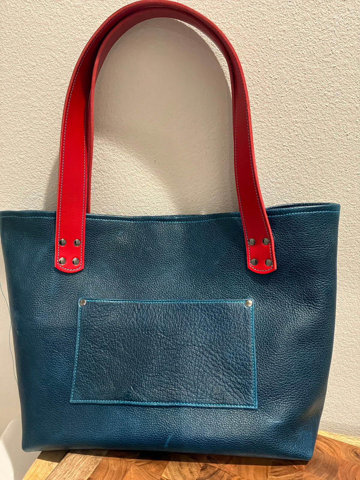 Large Leather Tote Bag - Desert Indigo- Red Handles