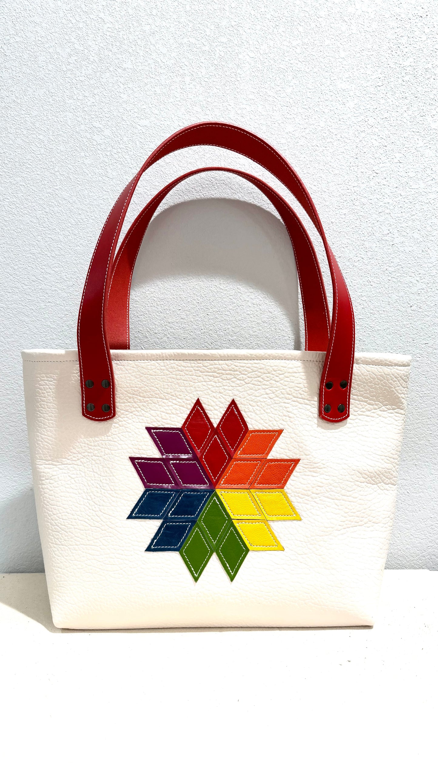 Rainbow Quilted Star on White Leather Large  Bag