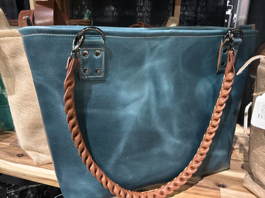 Turquoise Large Leather Bag with Braided Leather Handles