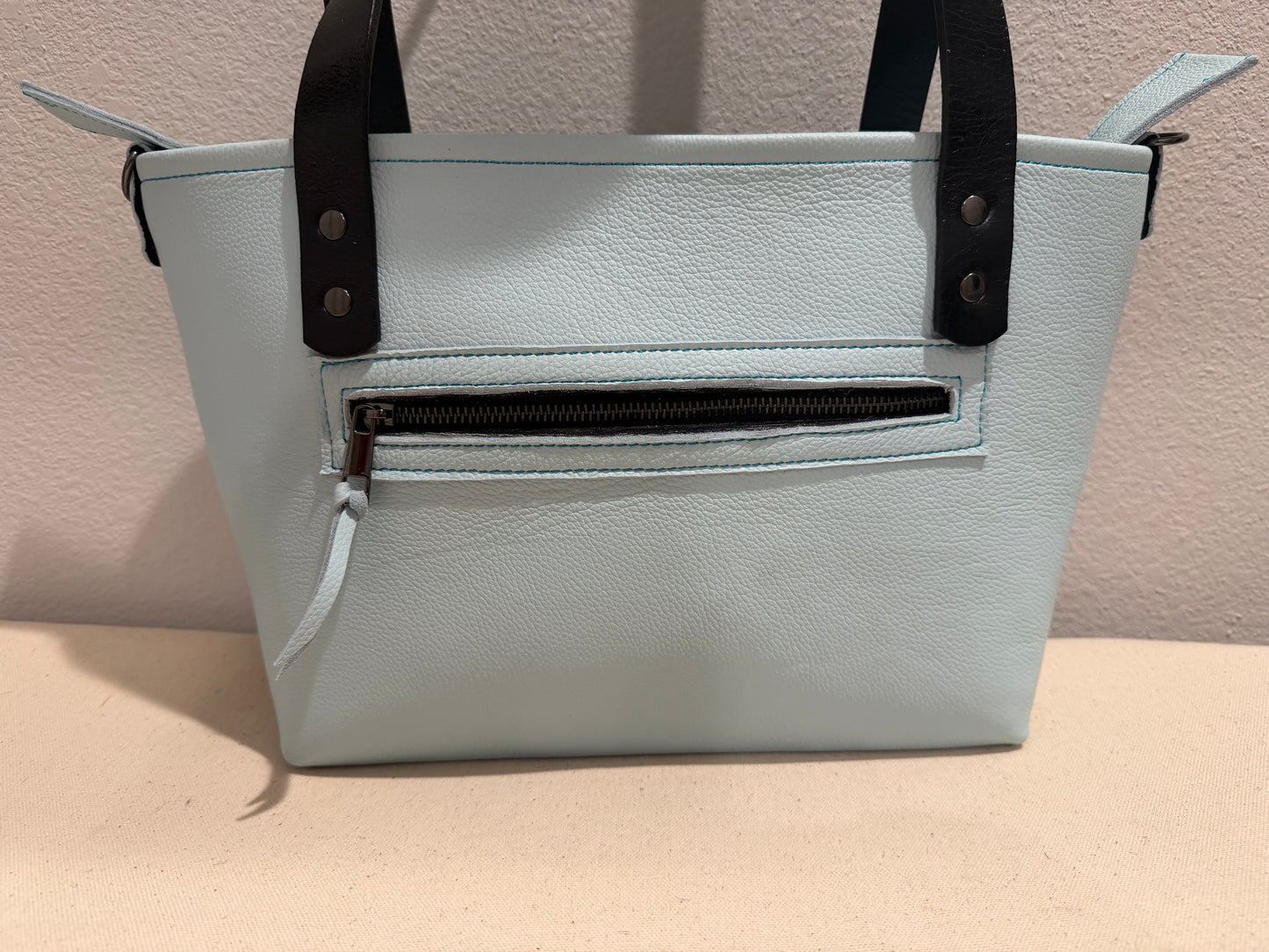 Zephyr Blue Small Leather Tote W/ Hand Embroidered Band
