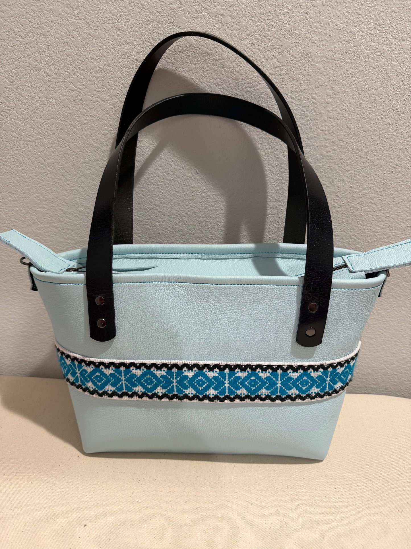 Zephyr Blue Small Leather Tote W/ Hand Embroidered Band