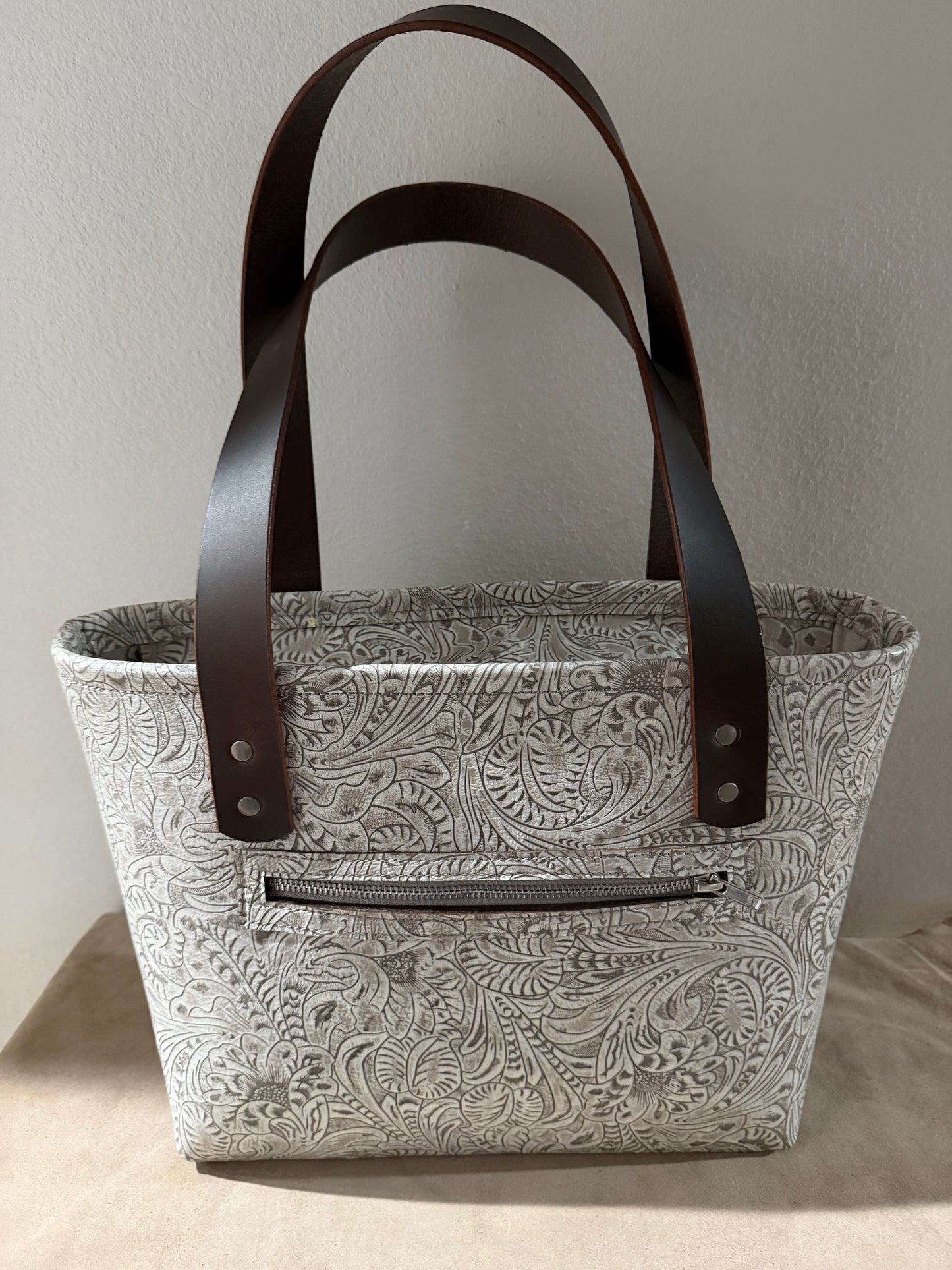 Antique White Embossed Medium Leather Tote