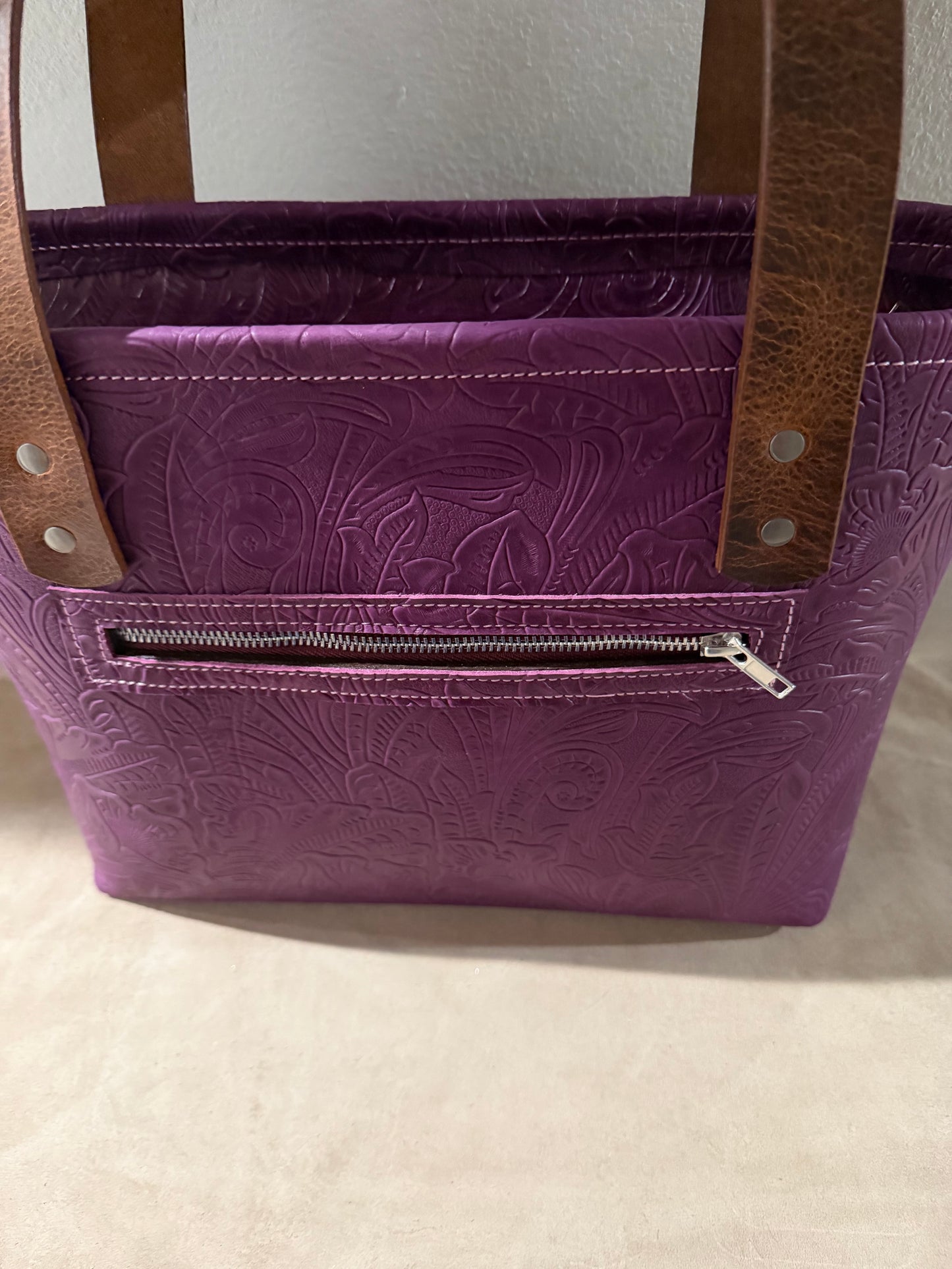 Purple Embossed Medium Leather Tote