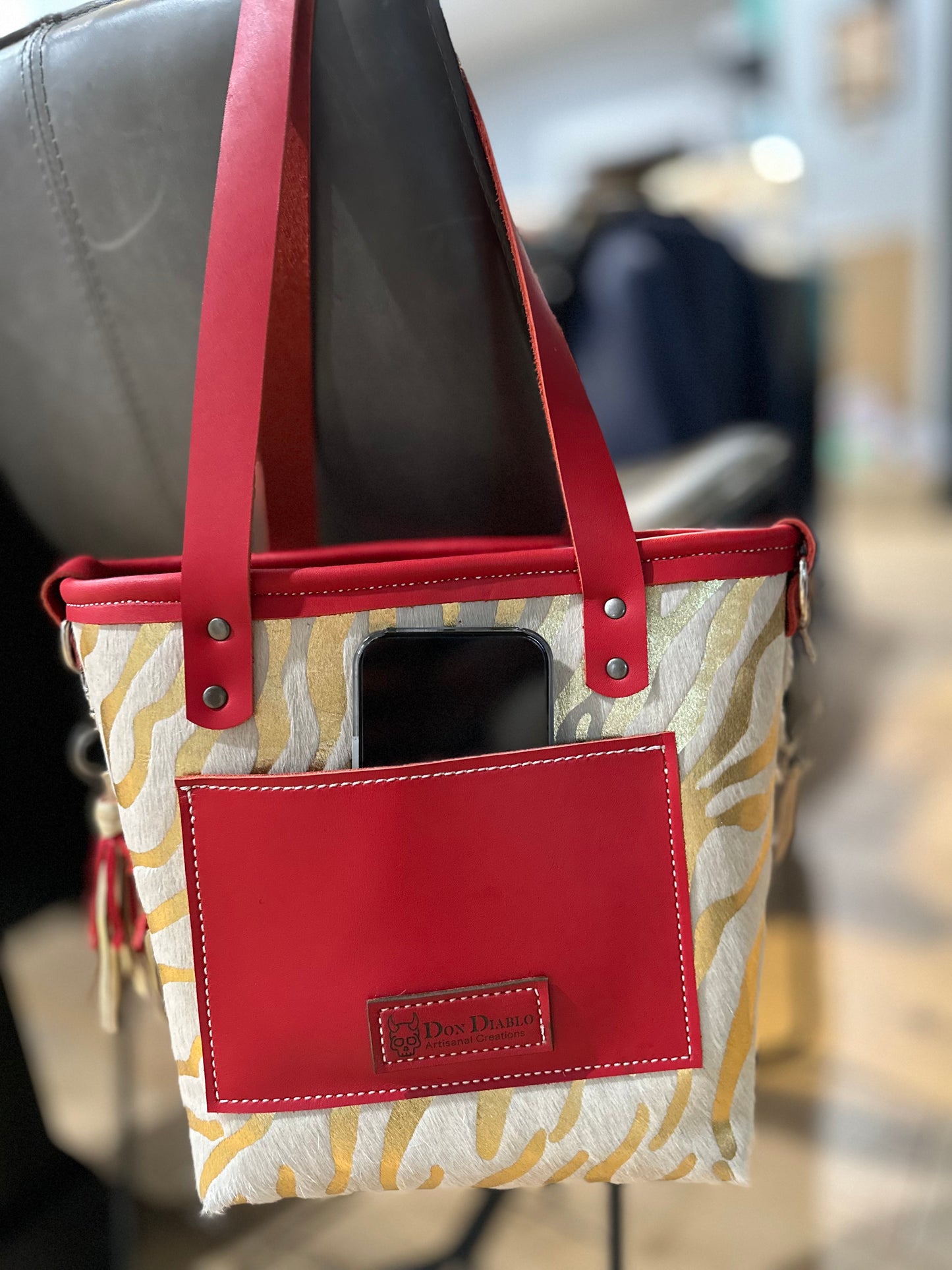 Small Leather Tote Bag - Red/White/Gold