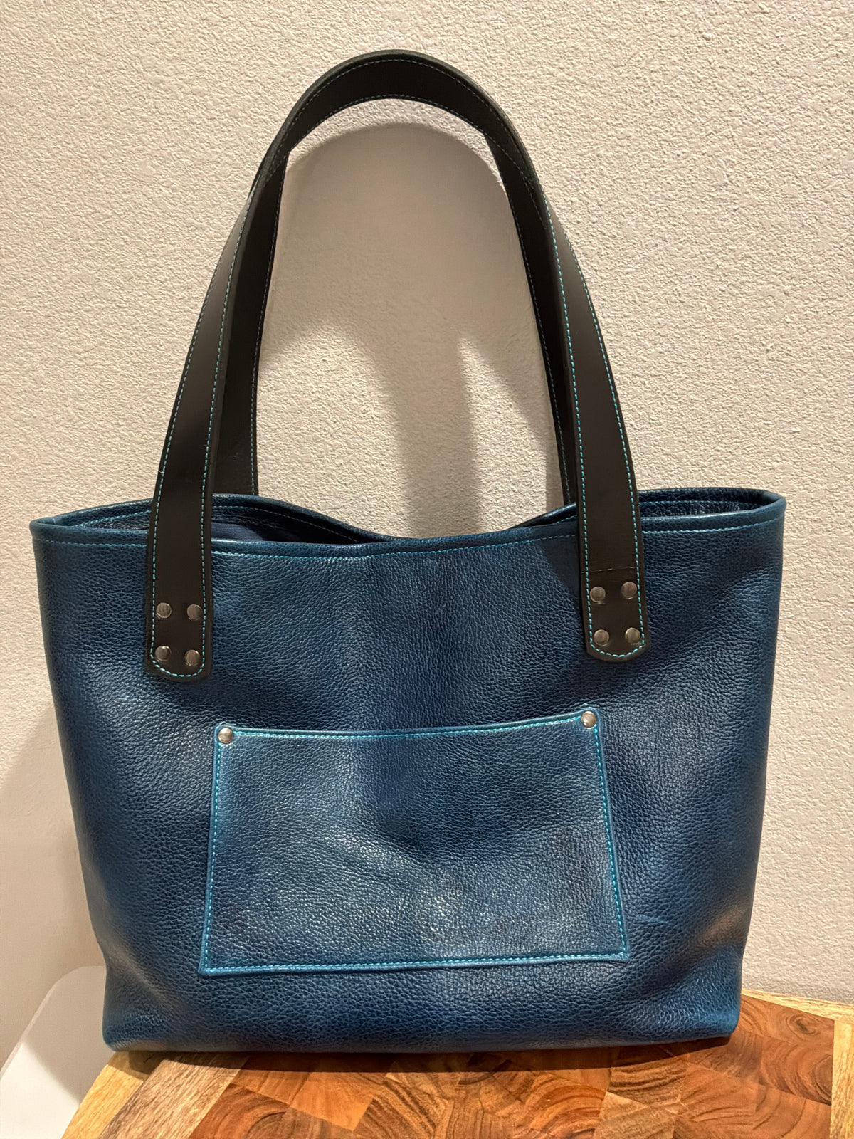 Large Leather Tote Bag - Desert Indigo- Black Handles