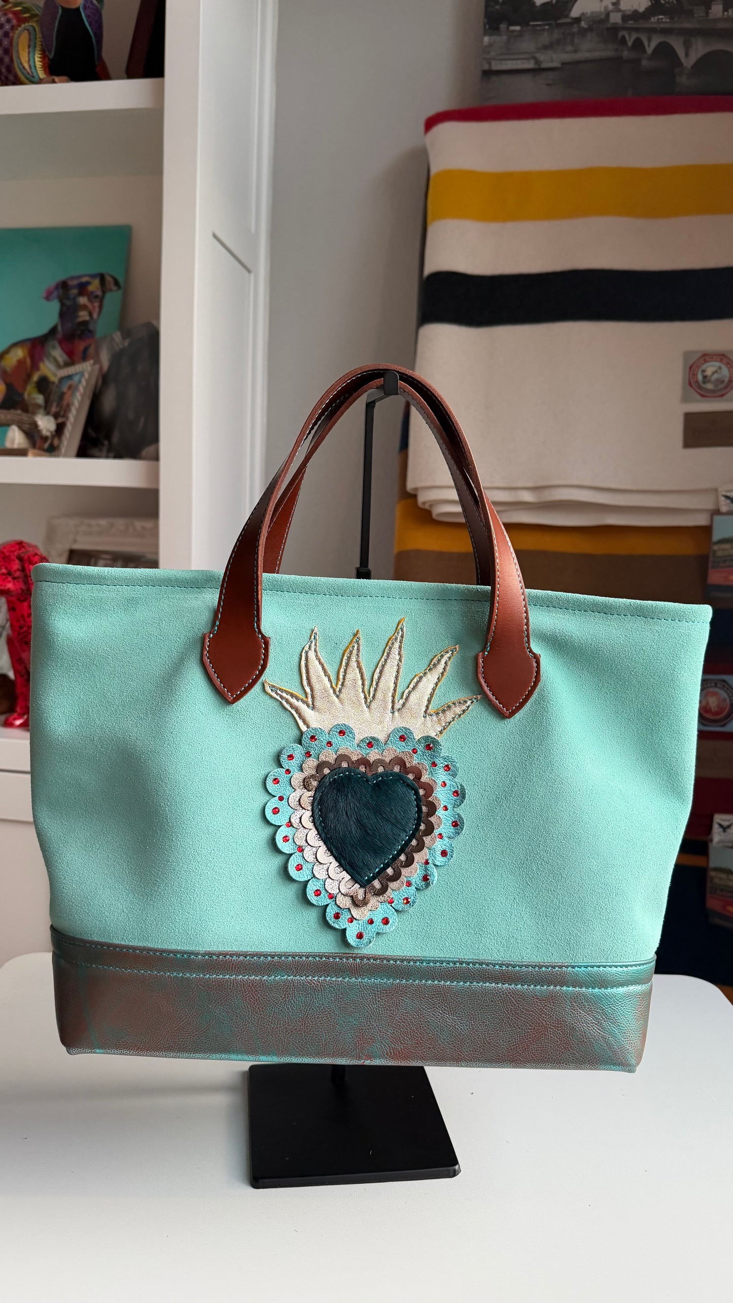 Leather and Suede Sacred Teal Heart Bag