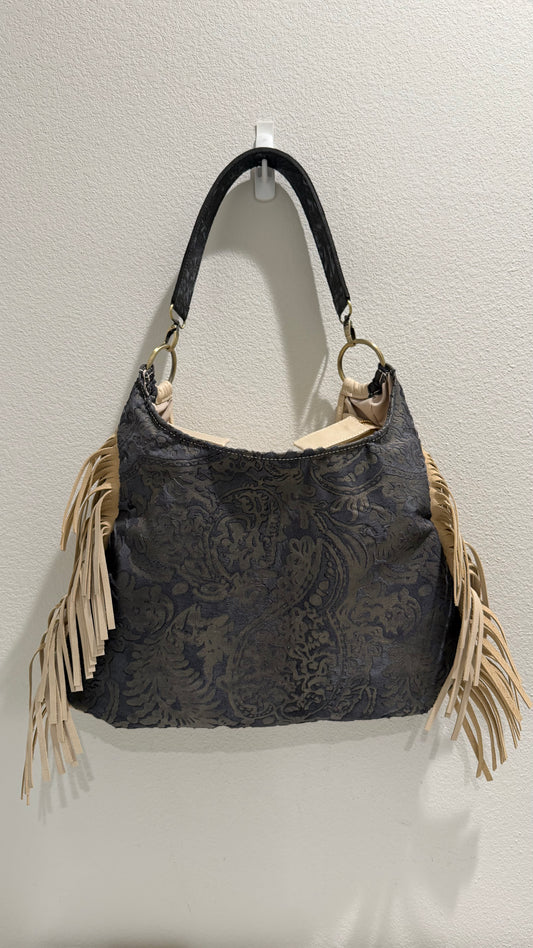 Fringe Leather BOHO Hair On Painted Navy Leather w/ Tan Nubuck
