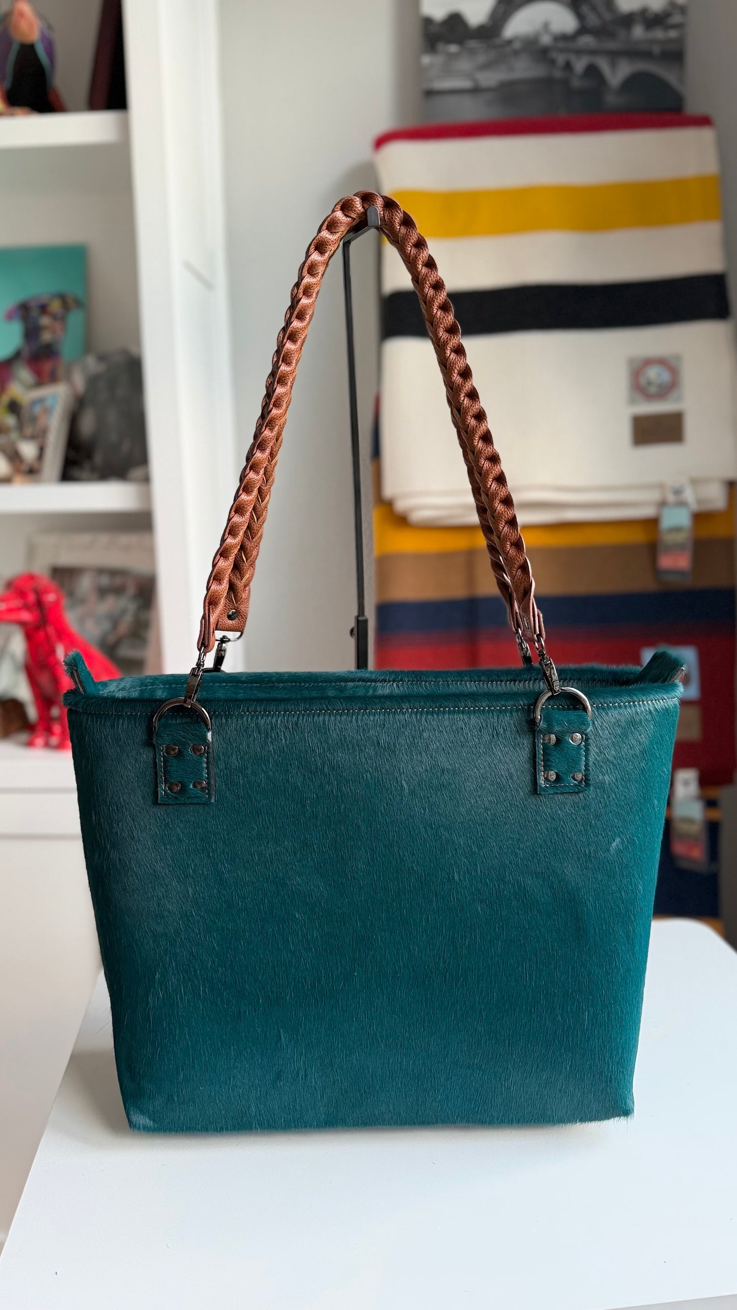 Turquoise Hair On Large Leather Bag with Braided Leather Handles