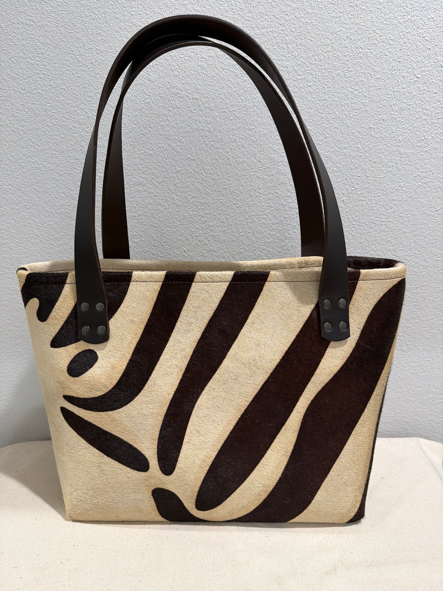 Rustic Zebra Print Cowhide Large Leather Tote Bag V2