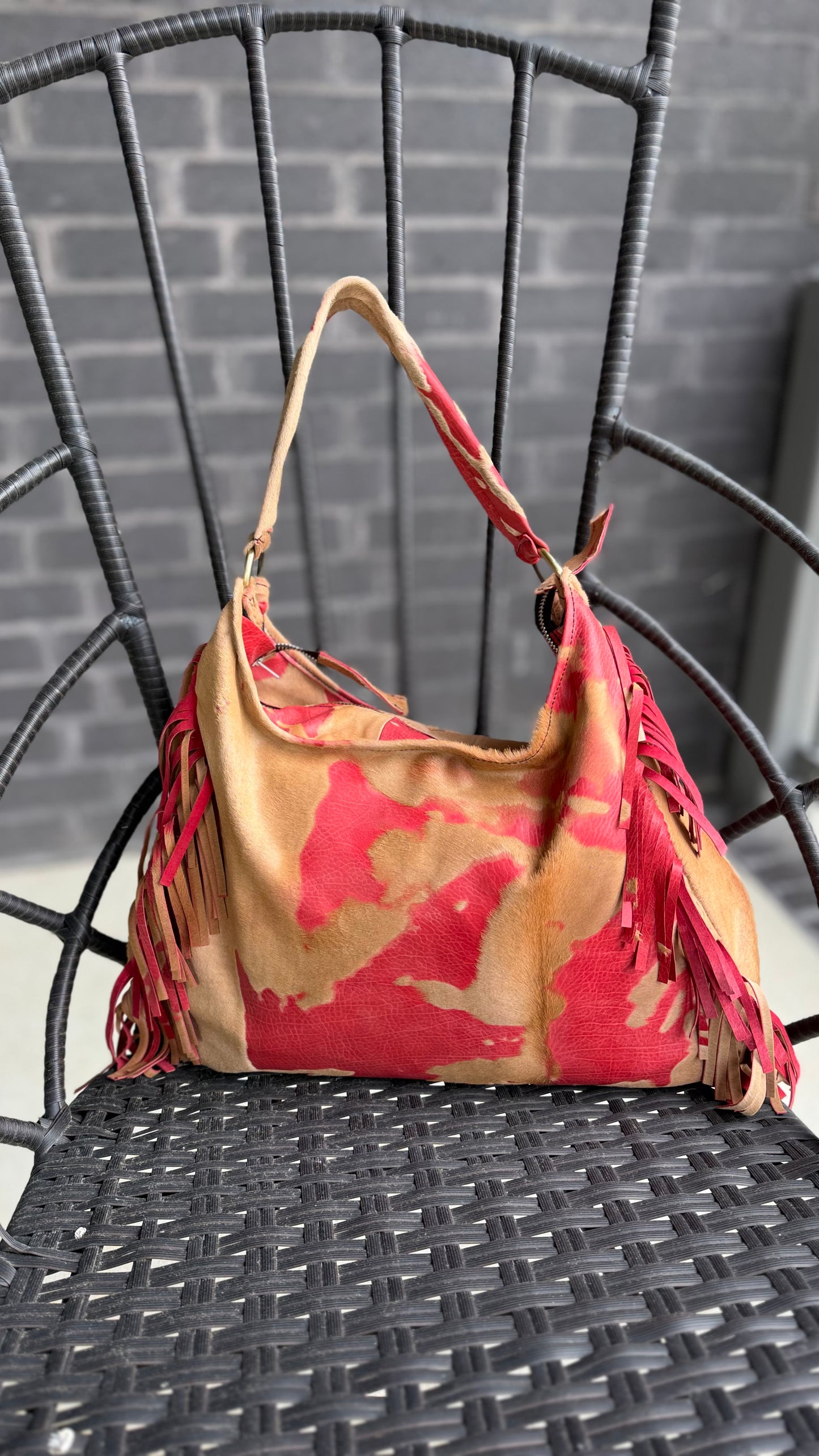Fringe Leather BOHO Bag Red/Tan