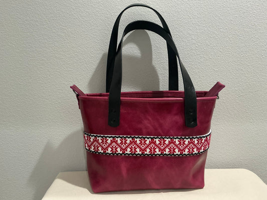 Raspberry Medium Leather Tote W Hand Embroidered Band