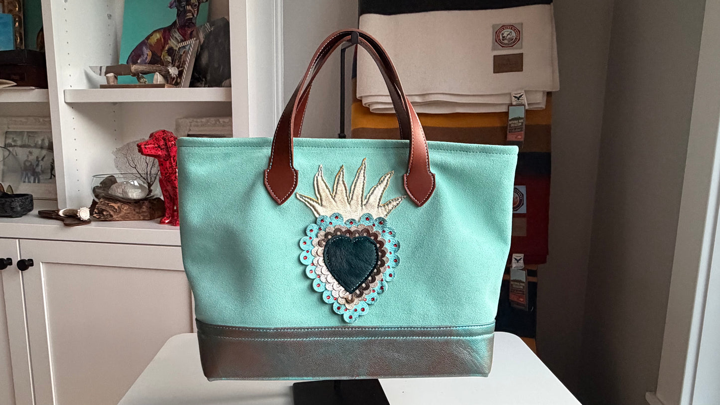 Leather and Suede Sacred Teal Heart Bag