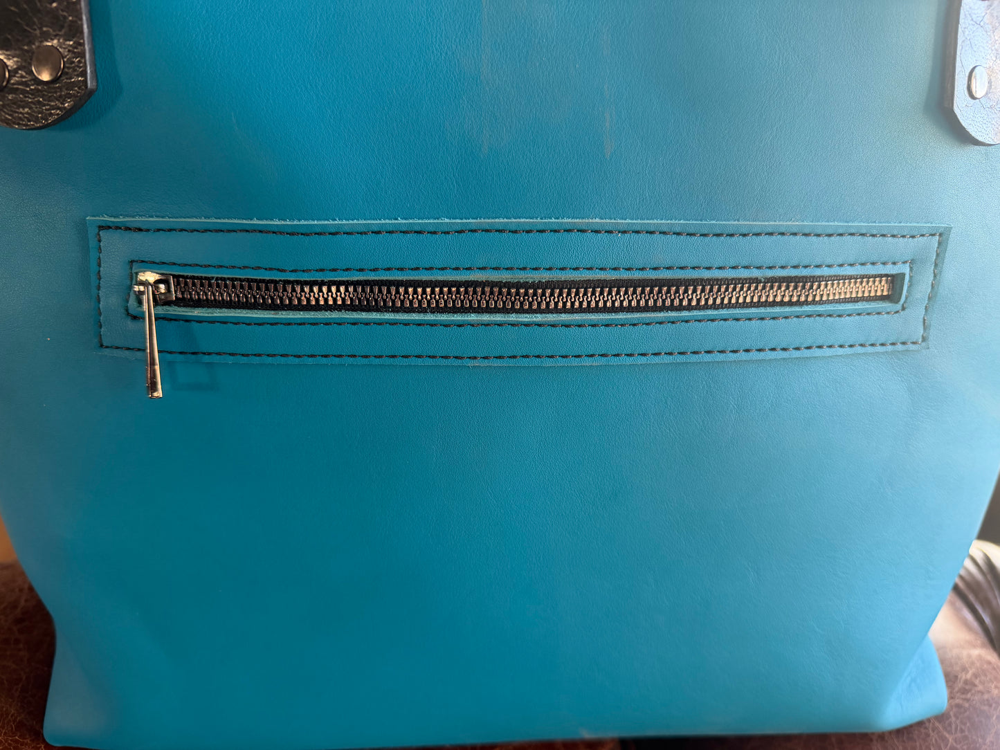 Frida Blue Large Leather Tote W/ Hand Embroidered Band