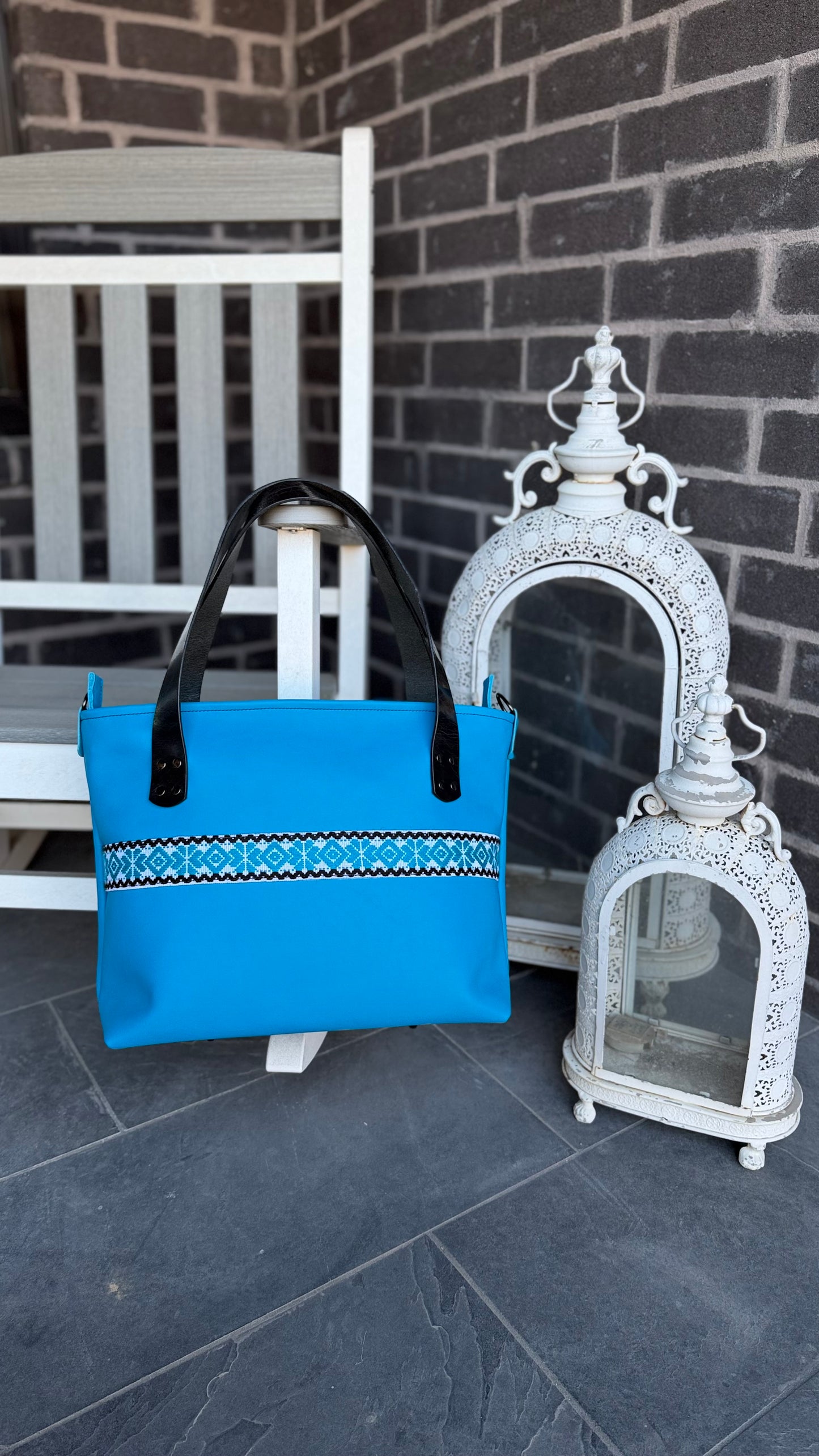 Frida Blue Large Leather Tote W/ Hand Embroidered Band