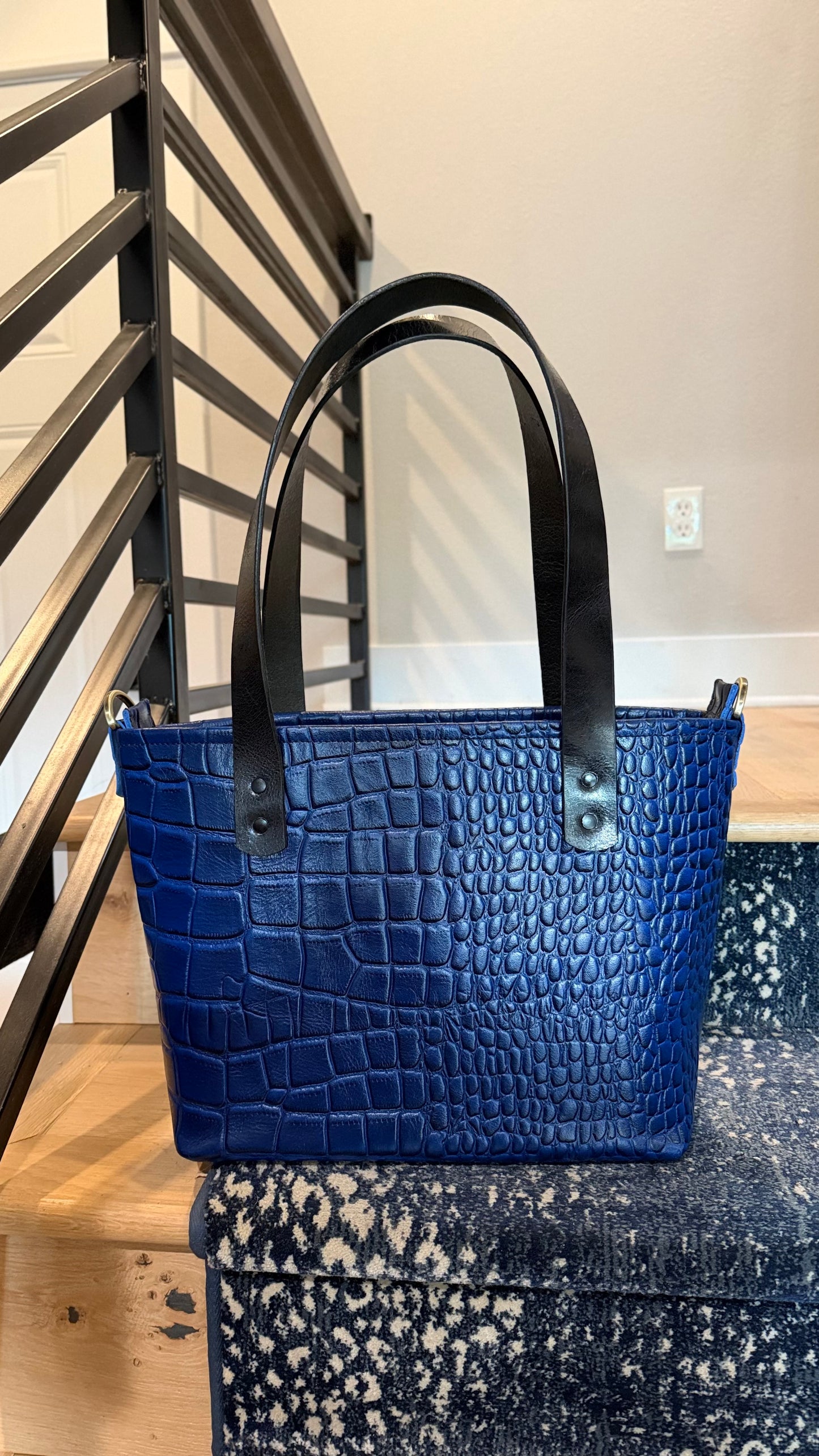 Cobalt Blue Crocodile Embossed Leather Medium Bag