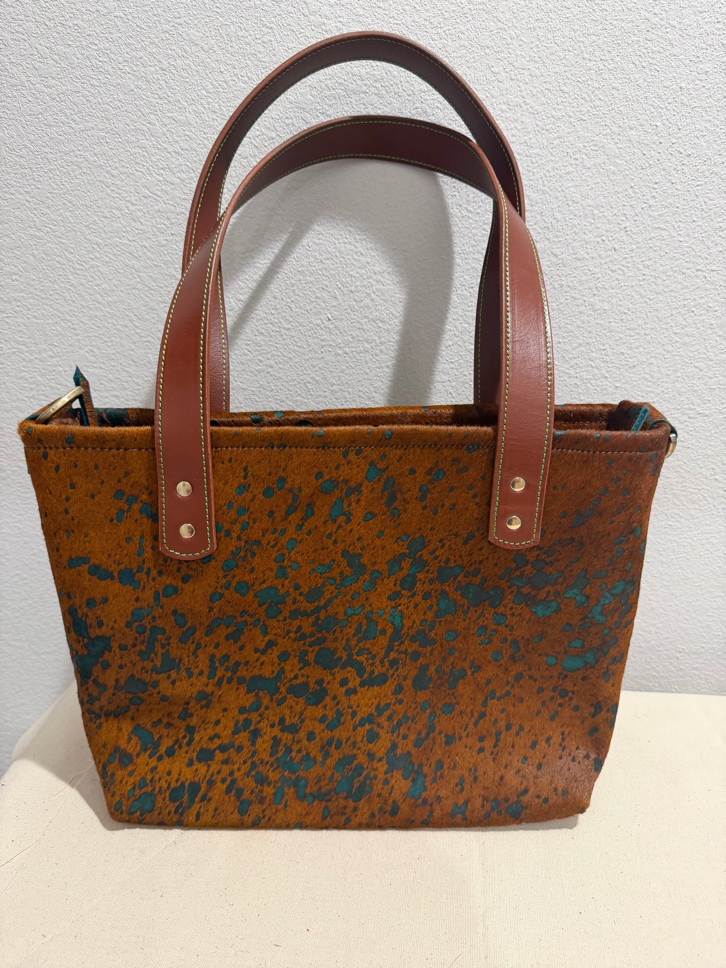 Brown and Green Hair On Medium Leather Tote