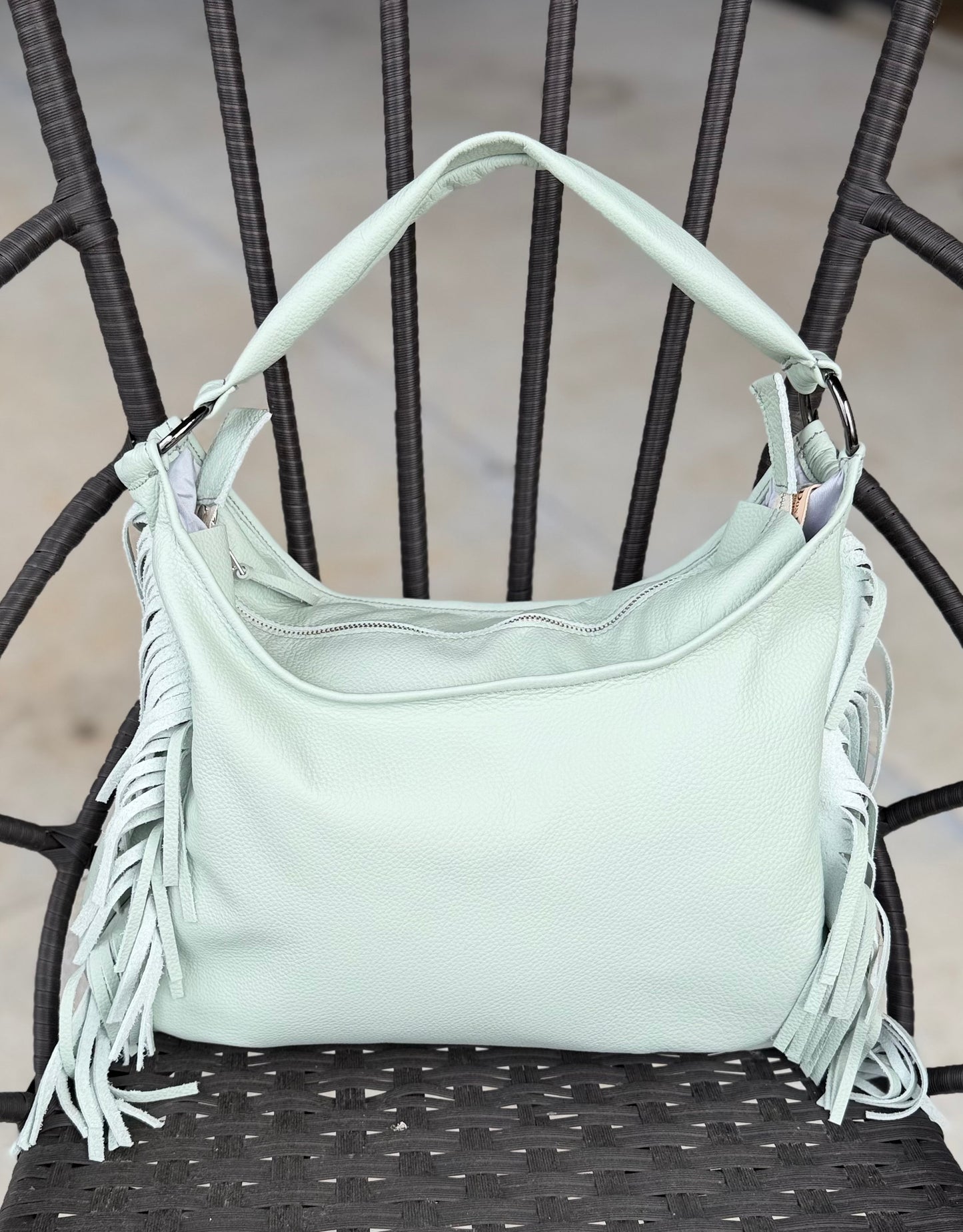 Fringe Leather BOHO Bag Blue Zephyr