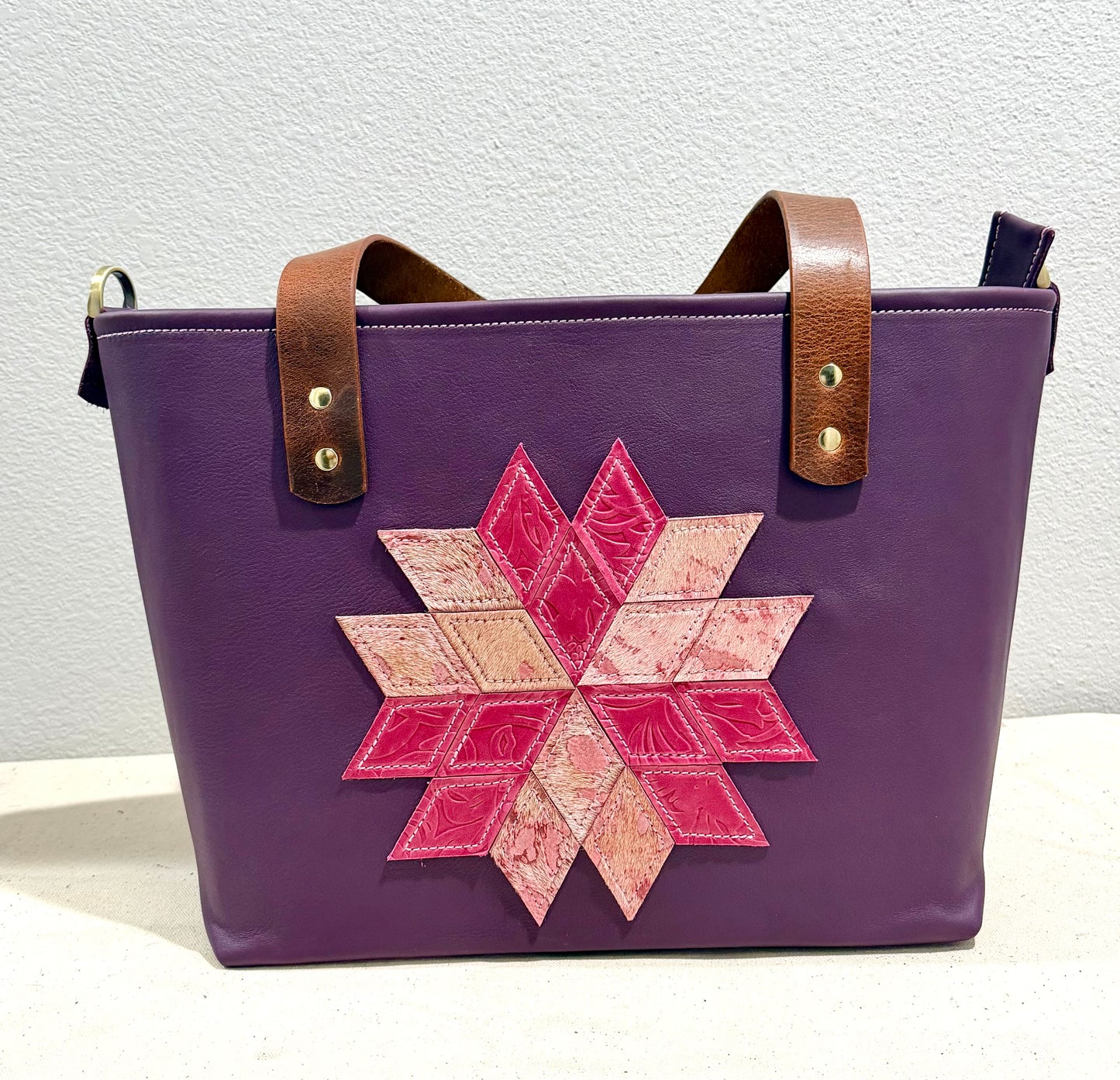 Pink Quilt Star on Eggplant Leather Medium Bag