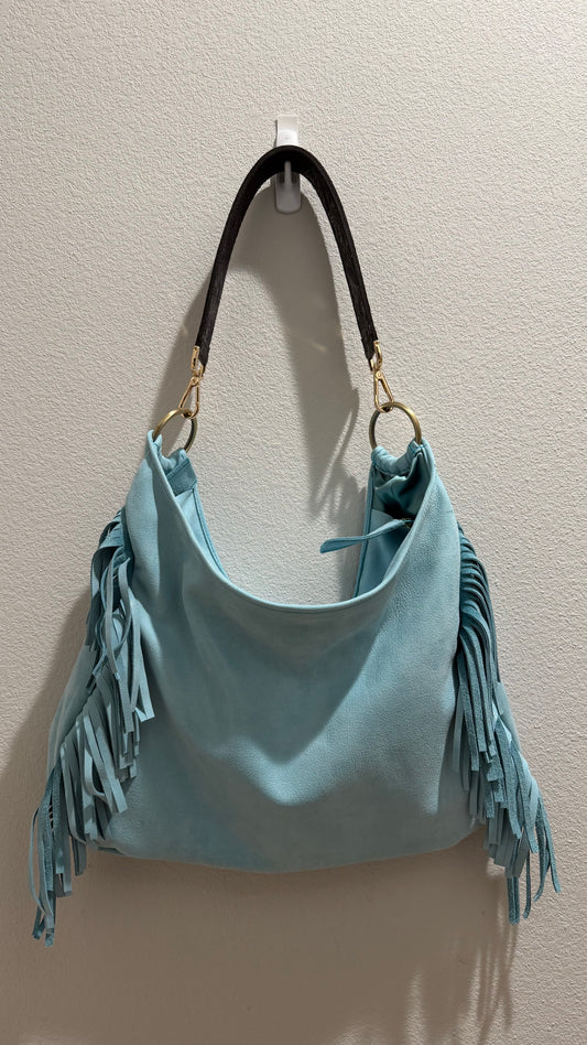 BOHO Fringe Bag Caribbean Blue Suede